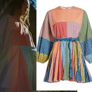 NWT Rhode Ella Long Dolman Sleeve Stripe Patchwork Mini Dress Multi Color Sz: XS